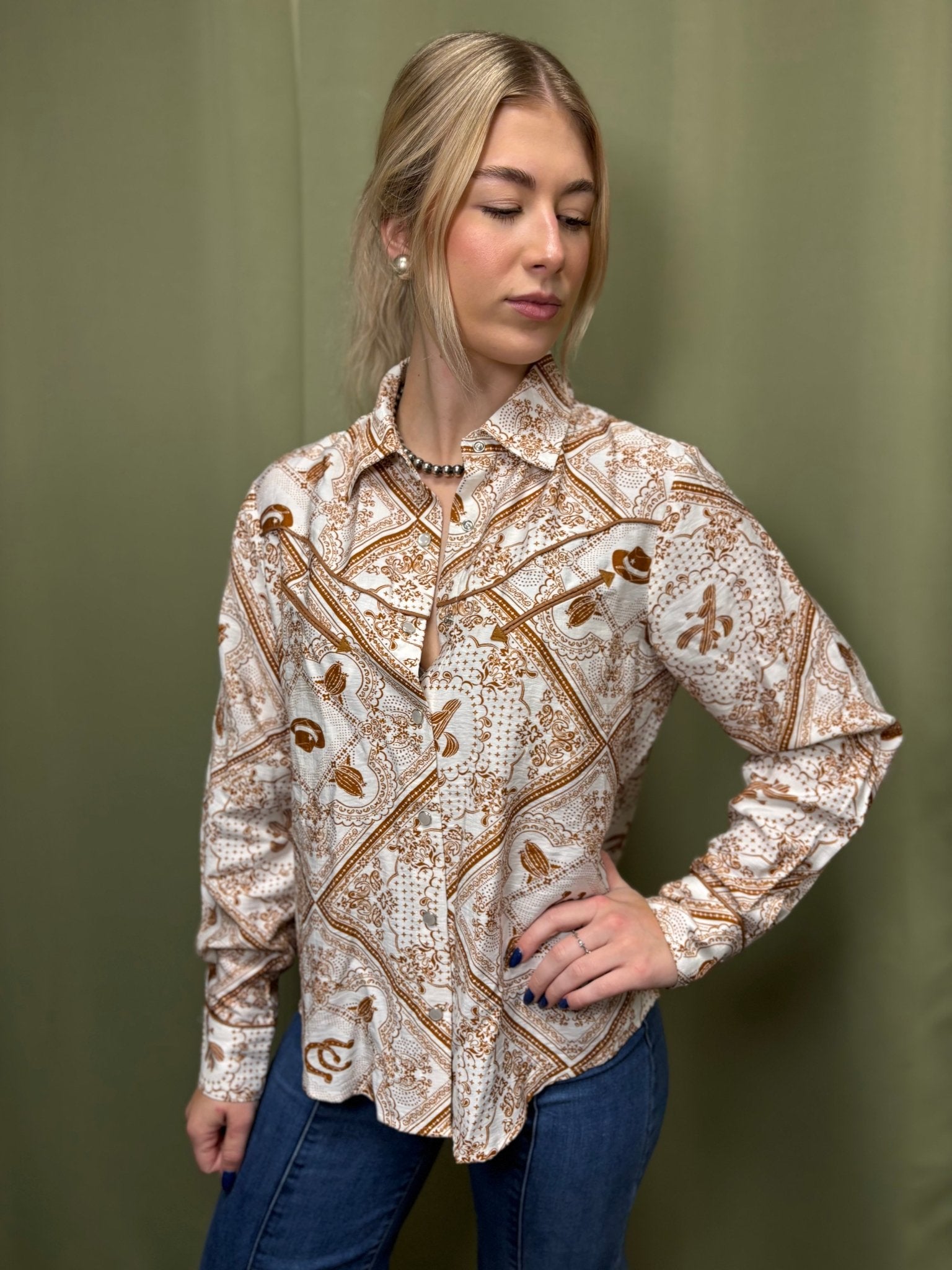 Blue B "Rust Bandana" Vintage Western Snap-Front Shirt — Buttery-Soft 100% Rayon Cowgirl Outlaw Cowhide and Conchos