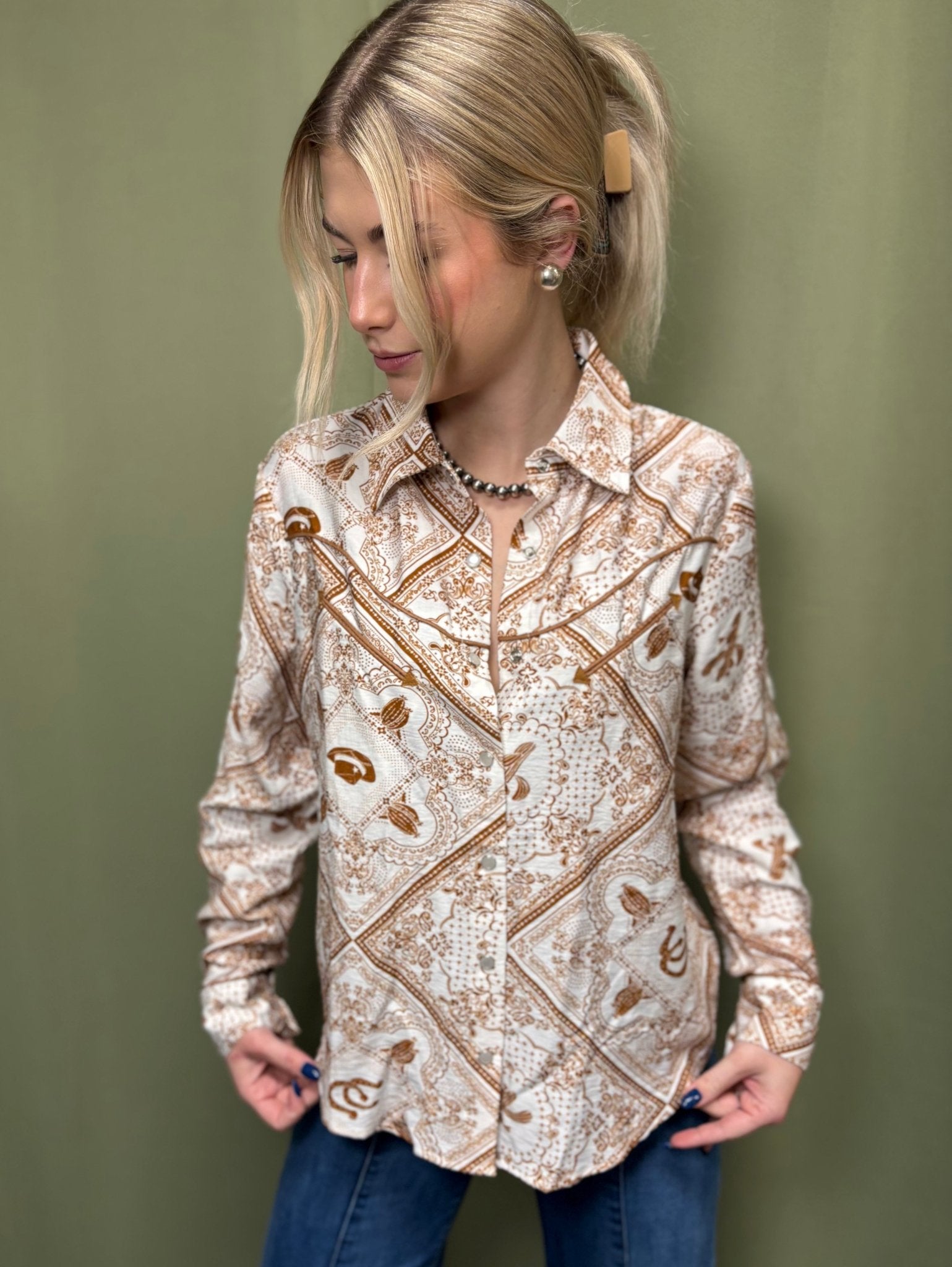 Blue B "Rust Bandana" Vintage Western Snap-Front Shirt — Buttery-Soft 100% Rayon Cowgirl Outlaw Cowhide and Conchos