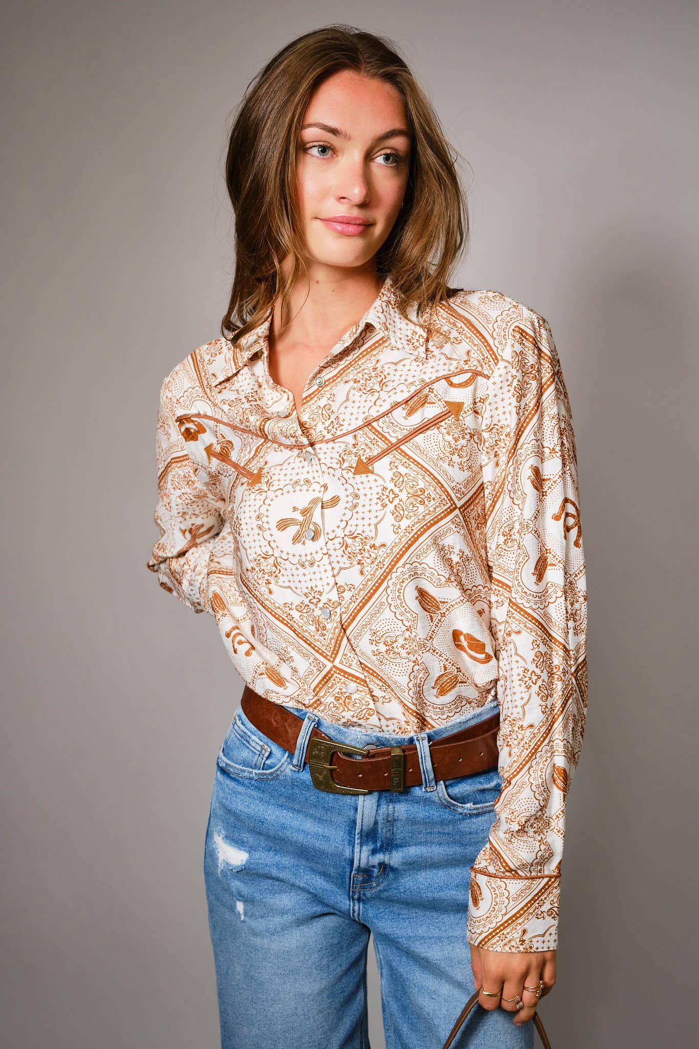 Blue B "Rust Bandana" Vintage Western Snap-Front Shirt — Buttery-Soft 100% Rayon Cowgirl Outlaw Cowhide and Conchos