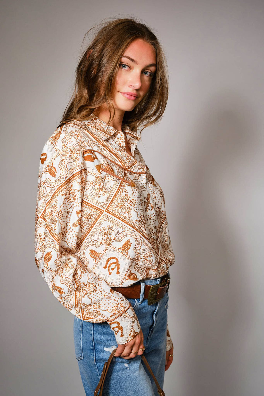 Blue B "Rust Bandana" Vintage Western Snap-Front Shirt — Buttery-Soft 100% Rayon Cowgirl Outlaw Cowhide and Conchos