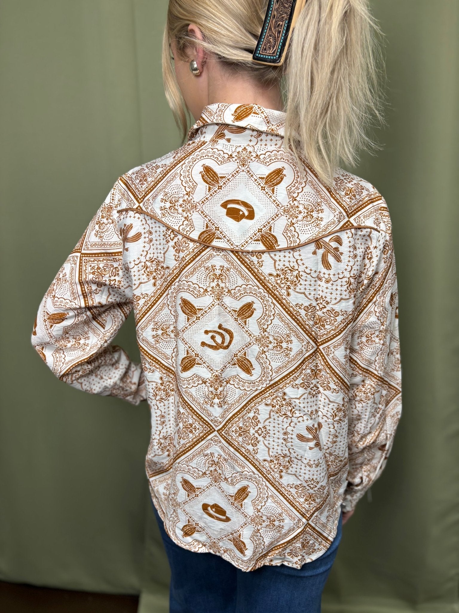 Blue B "Rust Bandana" Vintage Western Snap-Front Shirt — Buttery-Soft 100% Rayon Cowgirl Outlaw Cowhide and Conchos