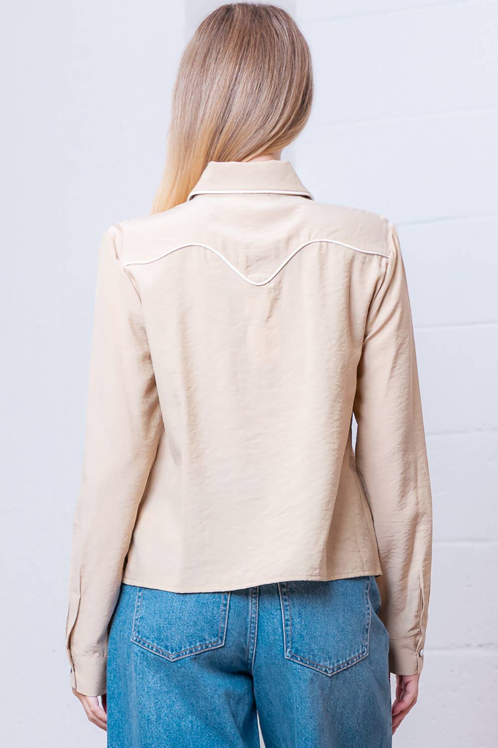 Taelynn "Western Vintage" Button-Down Blouse — Soft Taupe with Embroidered Vintage Accents & Arrow Detail Cowhide and Conchos