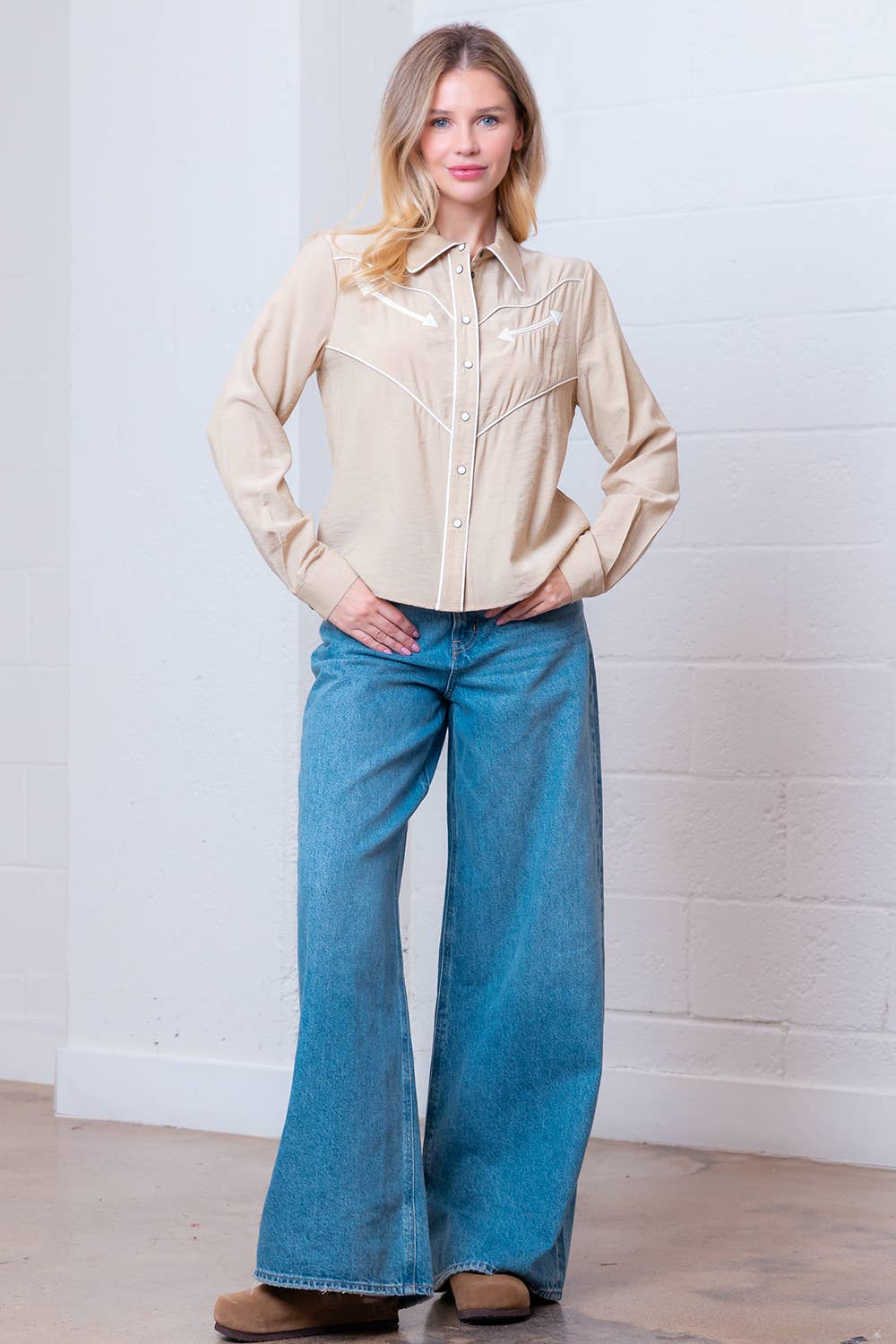 Taelynn "Western Vintage" Button-Down Blouse — Soft Taupe with Embroidered Vintage Accents & Arrow Detail Cowhide and Conchos