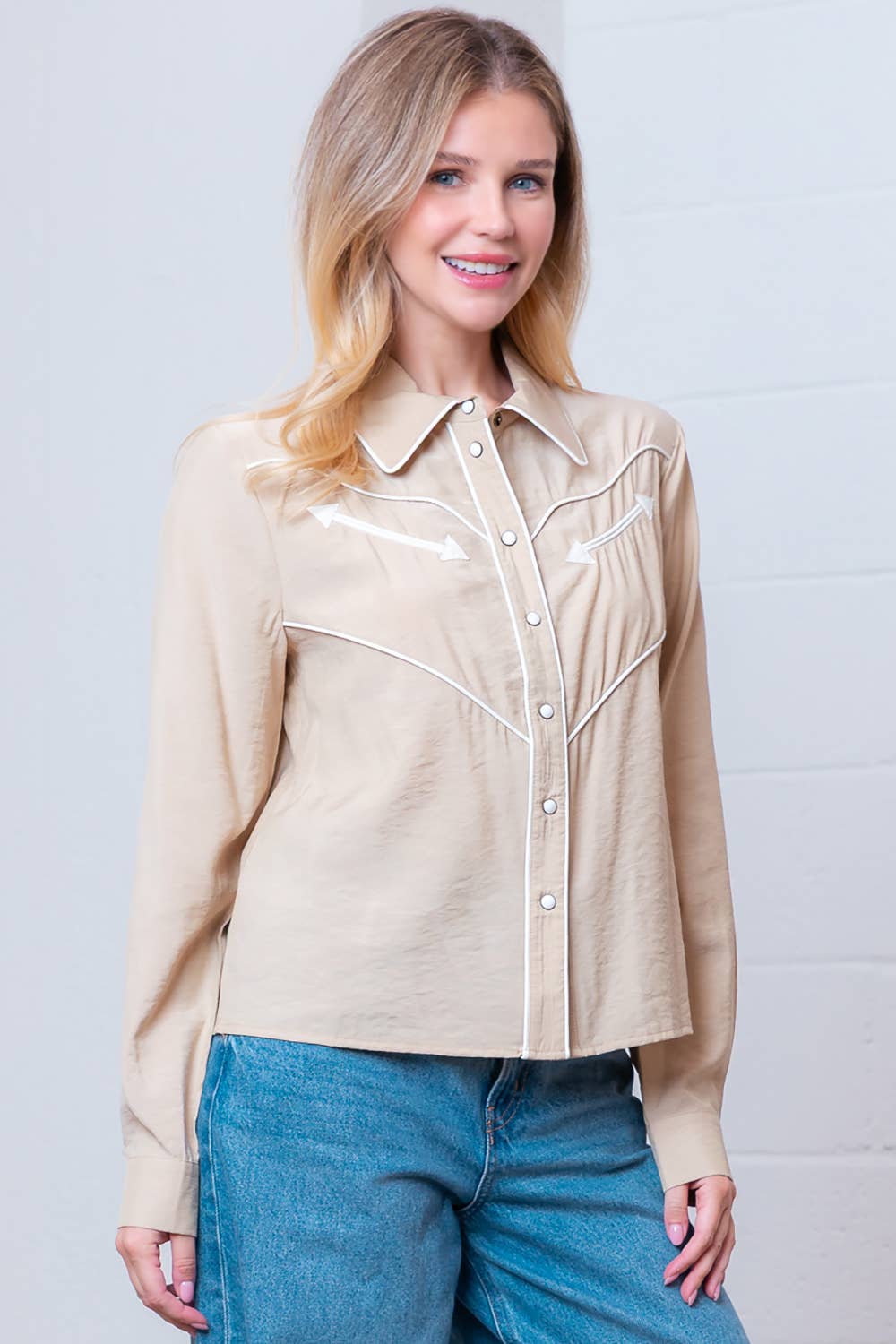 Taelynn "Western Vintage" Button-Down Blouse — Soft Taupe with Embroidered Vintage Accents & Arrow Detail Cowhide and Conchos
