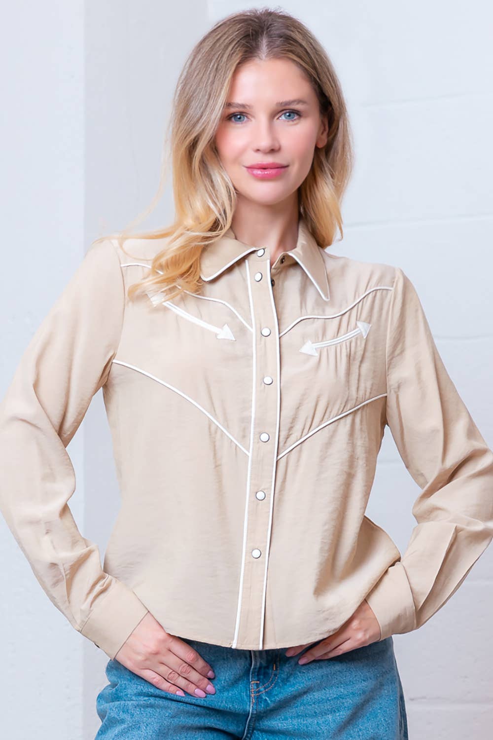 Taelynn "Western Vintage" Button-Down Blouse — Soft Taupe with Embroidered Vintage Accents & Arrow Detail Cowhide and Conchos