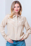 Taelynn "Western Vintage" Button-Down Blouse — Soft Taupe with Embroidered Vintage Accents & Arrow Detail Cowhide and Conchos
