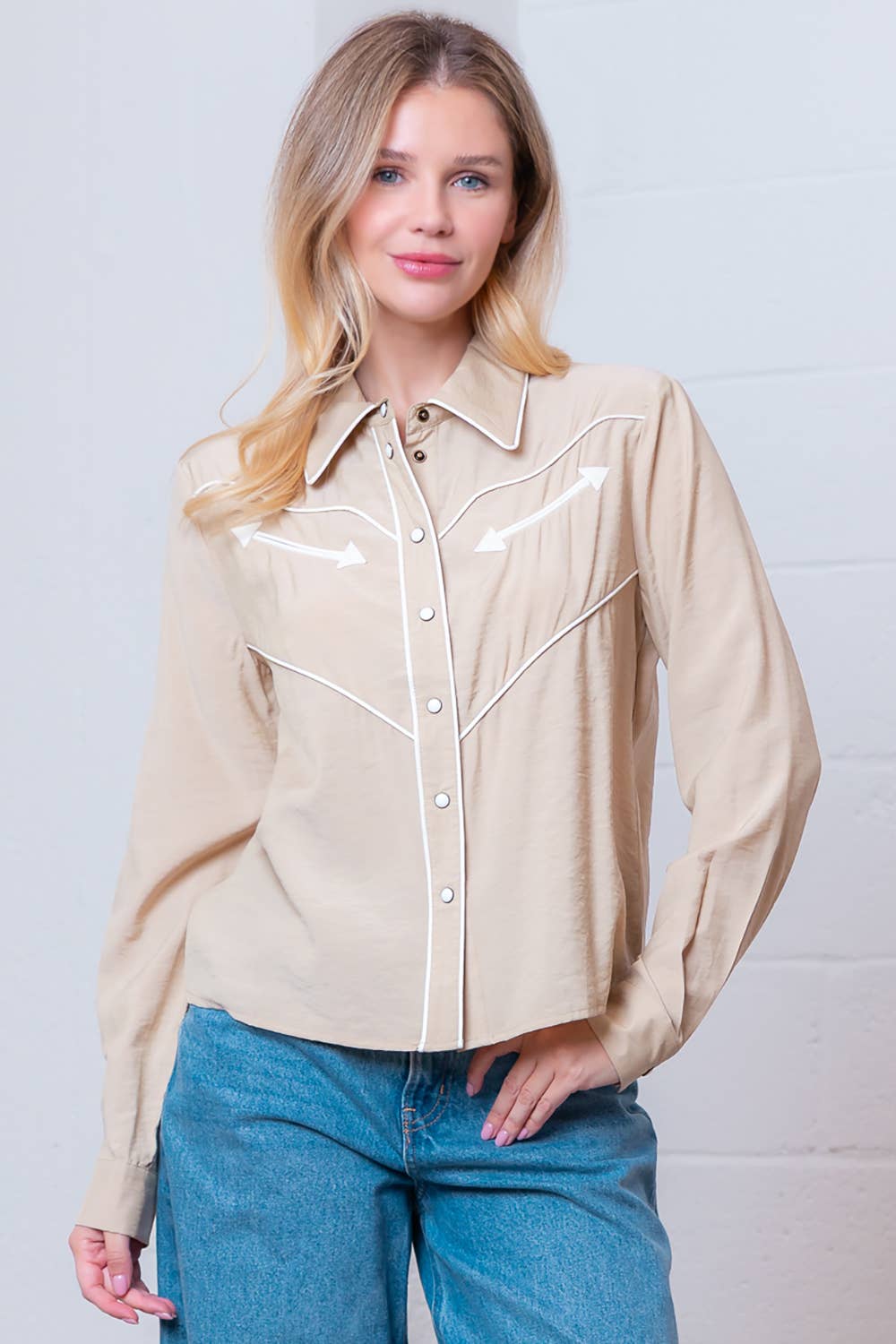 Taelynn "Western Vintage" Button-Down Blouse — Soft Taupe with Embroidered Vintage Accents & Arrow Detail Cowhide and Conchos
