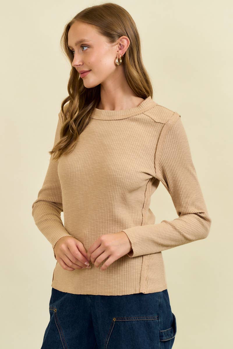 Doe and Rae Western Yoke Ribbed Long-Sleeve Tee — Cinnamon or Acorn Stretch Knit with Exposed Seams Cowhide and Conchos