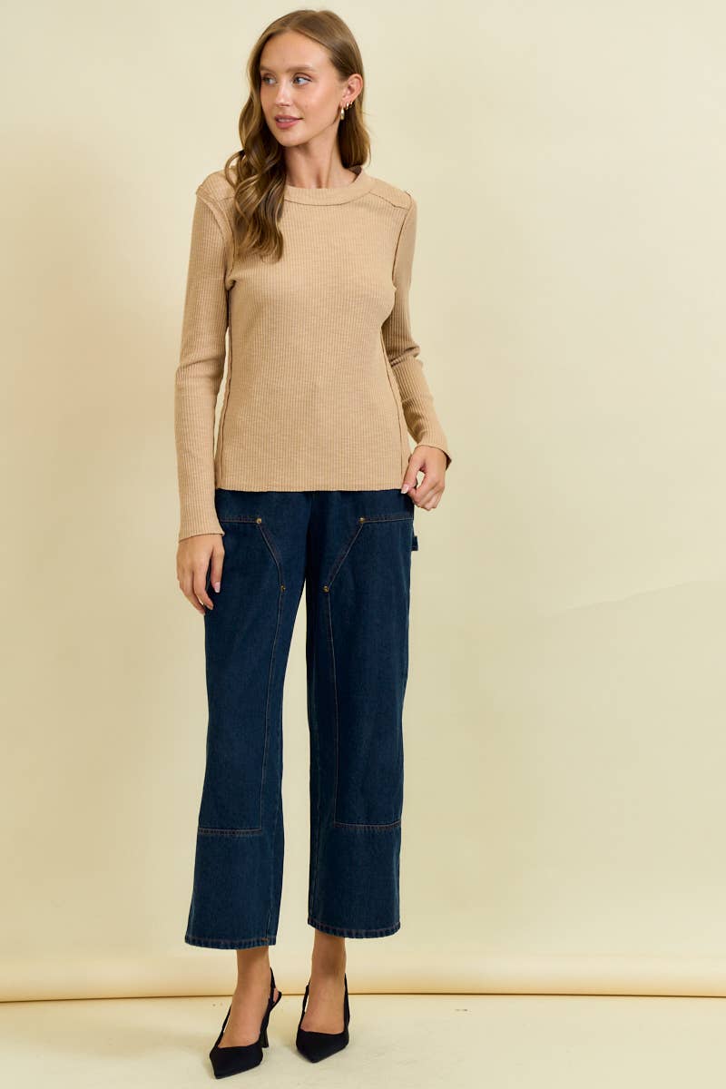 Doe and Rae Western Yoke Ribbed Long-Sleeve Tee — Cinnamon or Acorn Stretch Knit with Exposed Seams Cowhide and Conchos