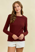 Doe and Rae Western Yoke Ribbed Long-Sleeve Tee — Cinnamon or Acorn Stretch Knit with Exposed Seams Cowhide and Conchos
