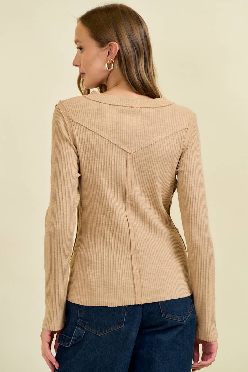 Doe and Rae Western Yoke Ribbed Long-Sleeve Tee — Cinnamon or Acorn Stretch Knit with Exposed Seams Cowhide and Conchos