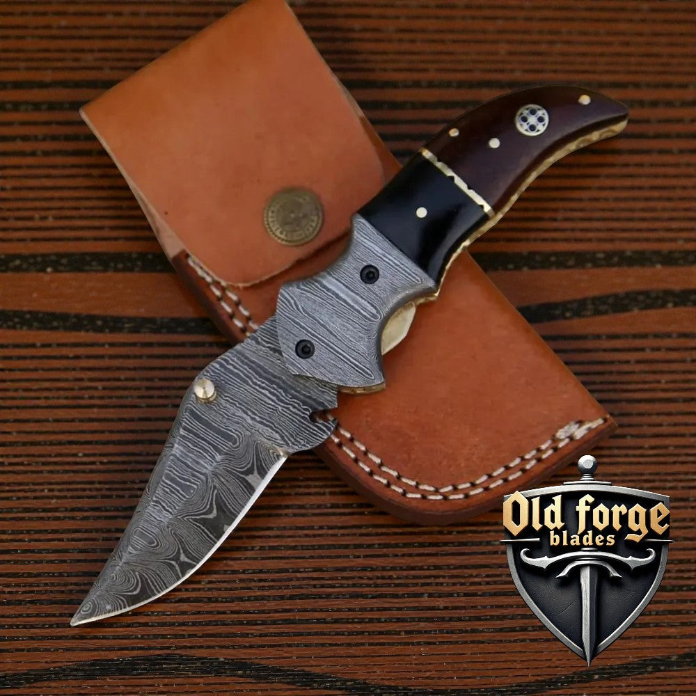 Handmade Damascus Pocket Knife – Olive Wood & Resin Handle OLD FORGE BLADES