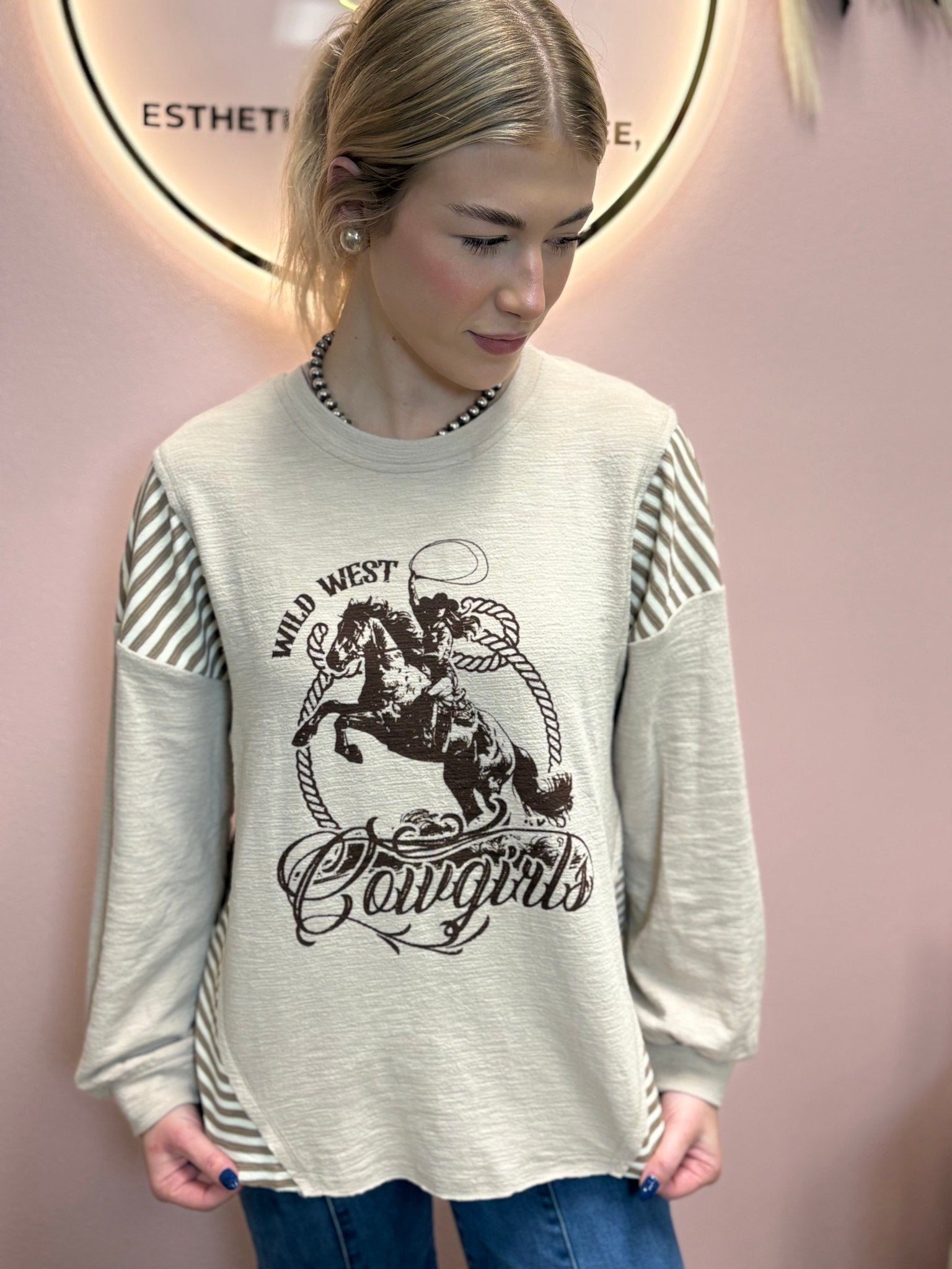 VERY J "Wild West Cowgirls" Western Graphic Knit Top — Oversized Mixed Media (Taupe or Olive) Cowhide and Conchos
