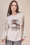 VERY J "Wild West Cowgirls" Western Graphic Knit Top — Oversized Mixed Media (Taupe or Olive) Cowhide and Conchos