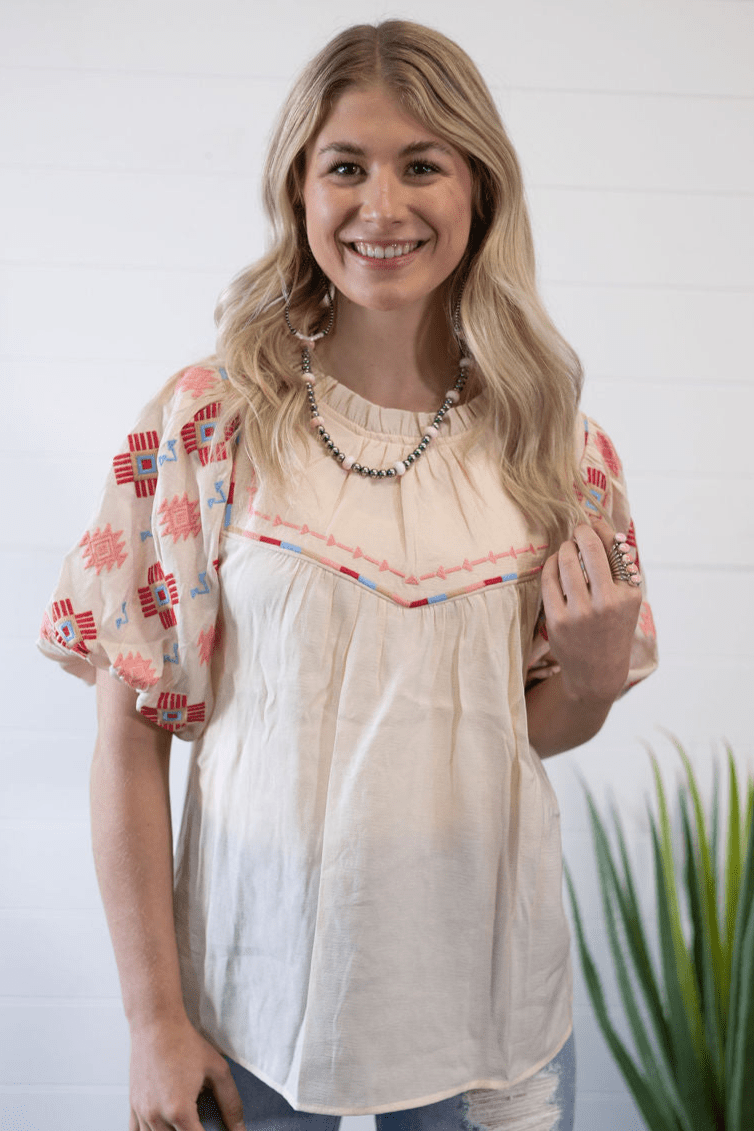 Umgee "Zia" Western Embroidered Blouse — Flowy Woven High Neck with Bubble Sleeves & Embroidered Yoke (small and medium remain) Cowhide and Conchos
