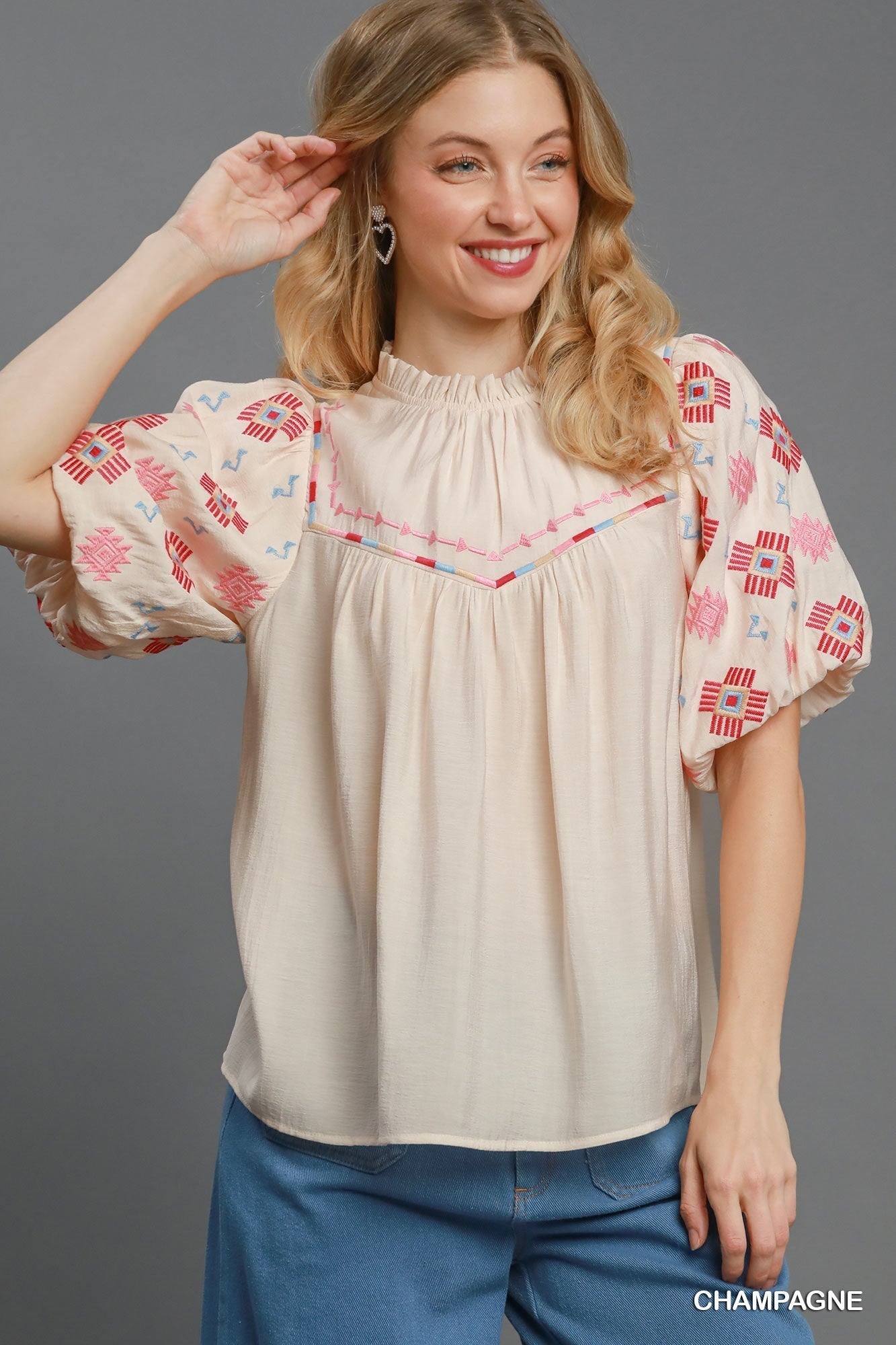 Umgee "Zia" Western Embroidered Blouse — Flowy Woven High Neck with Bubble Sleeves & Embroidered Yoke (small and medium remain) Cowhide and Conchos