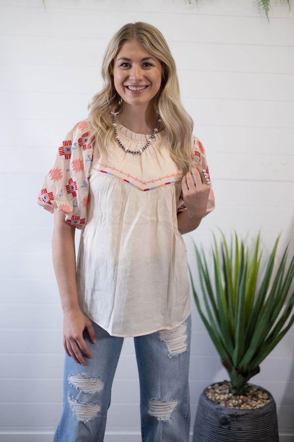 Umgee "Zia" Western Embroidered Blouse — Flowy Woven High Neck with Bubble Sleeves & Embroidered Yoke (small and medium remain) Cowhide and Conchos