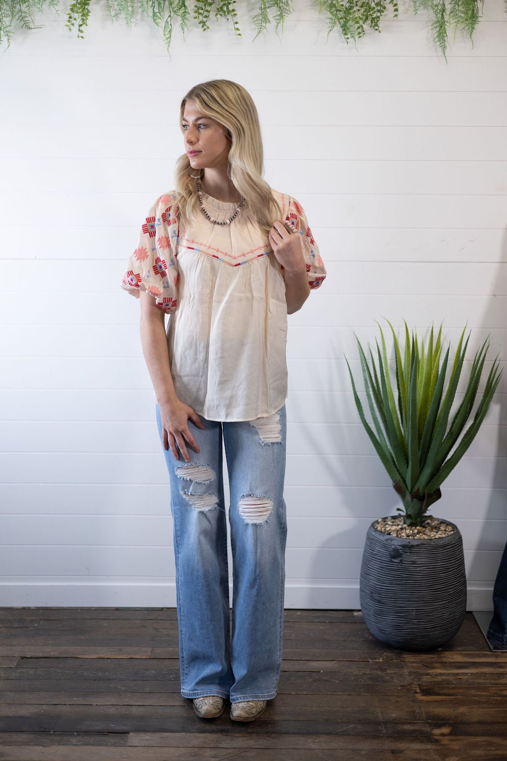 Umgee "Zia" Western Embroidered Blouse — Flowy Woven High Neck with Bubble Sleeves & Embroidered Yoke (small and medium remain) Cowhide and Conchos